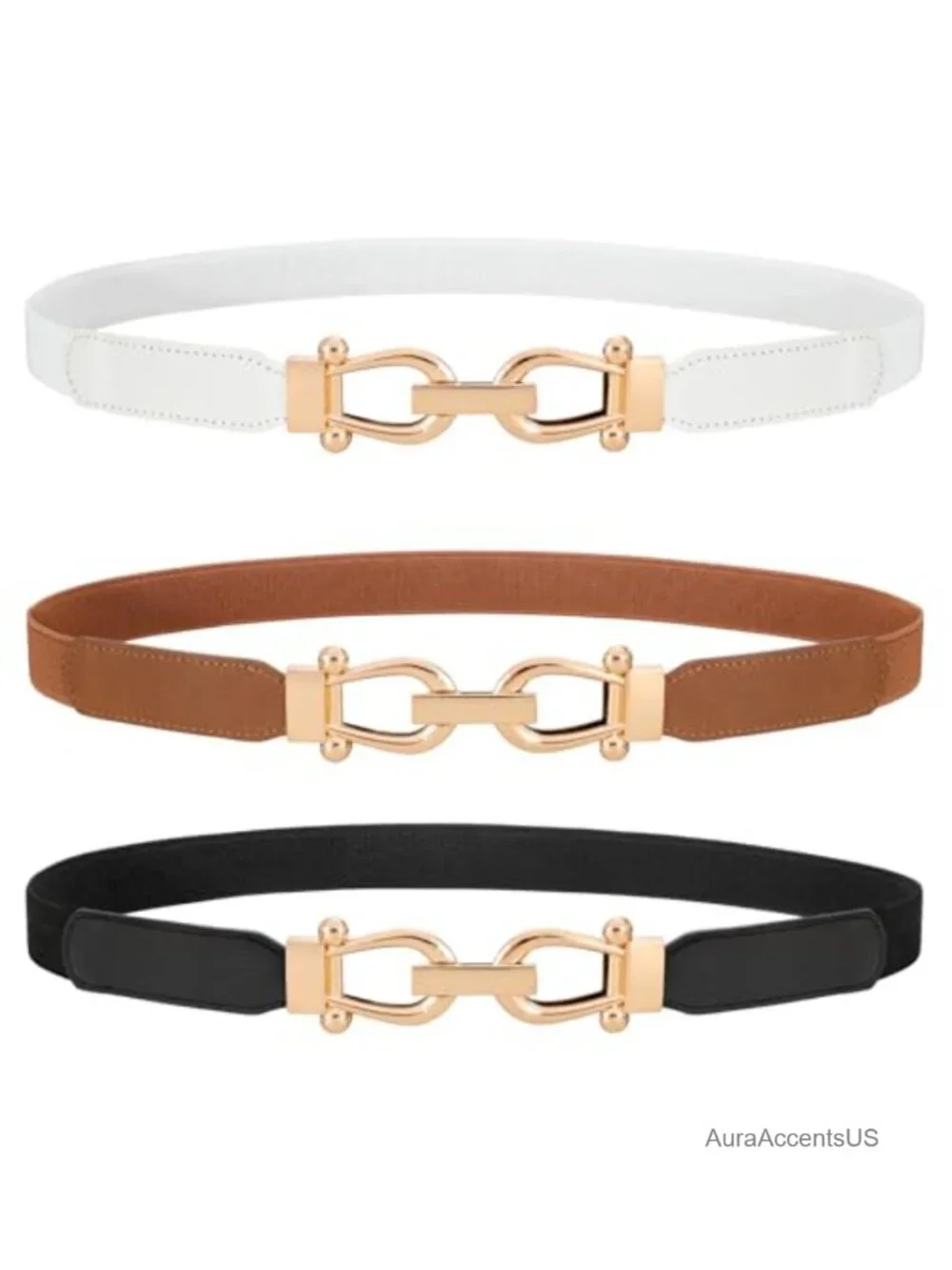 3 Pack Women's Stretchy Skinny Belt with Gold Buckle - Faux Leather